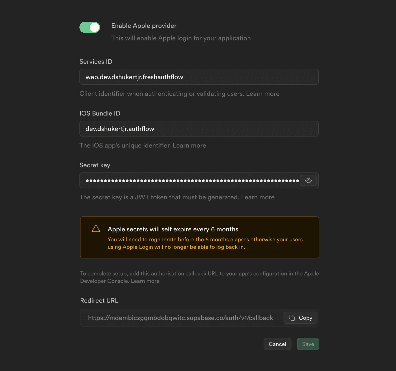 Supabase dashboard Apple provider